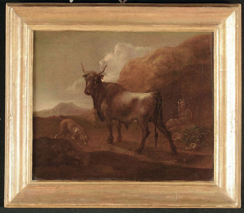 Anonimo Fiammingo del XIX secolo Toro con figure  - Auction Fine Arts from refined private house - Cambi Casa d'Aste
