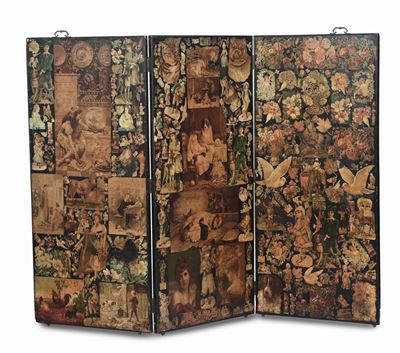 Paravento a Tre Ante in Legno con con Figure in Arte Povera Applicate, XX Secolo