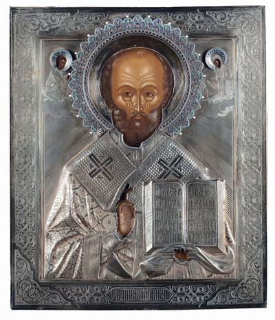 Icona Raffigurante San Nicola con Riza in Argento e Smalti Cloisonnè, Russia XIX-XX Secolo