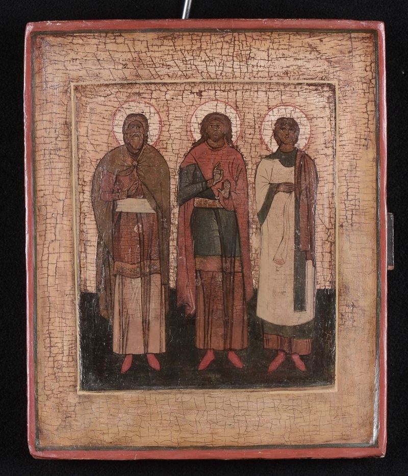 Icona raffigurante Tre Santi Ortodossi, XVII secolo  - Asta Dipinti Antichi - Cambi Casa d'Aste