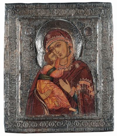 Icona Raffigurante Madonna Glico-philousa con Riza in Lamina D’argento, Russia XIX Secolo