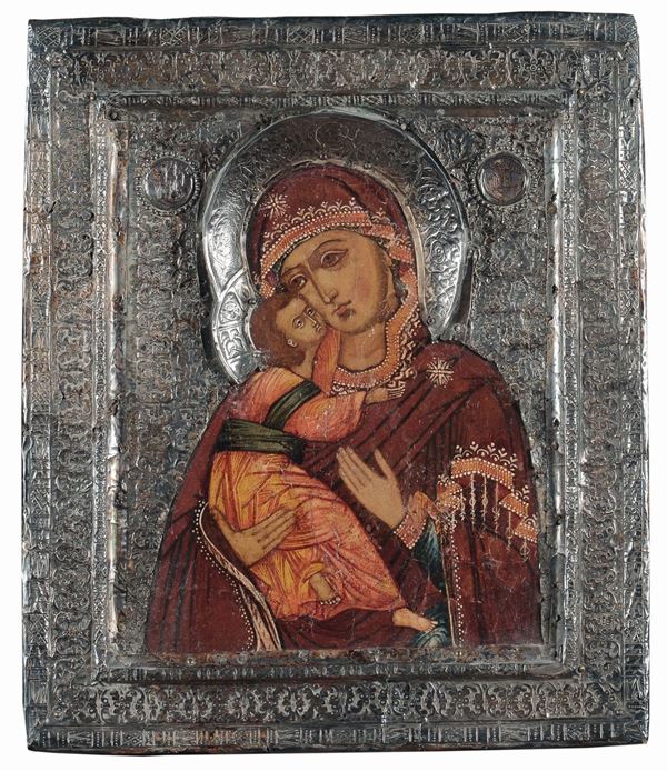 Icona raffigurante Madonna Glico-Philousa con riza in lamina d’argento, Russia XIX secolo