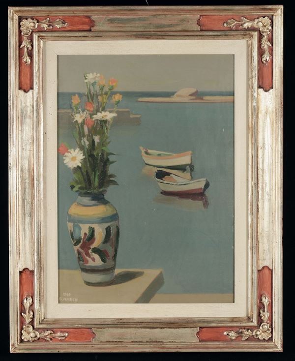 Giovanni March (1894-1974) Vaso di fiori e barche, 1966