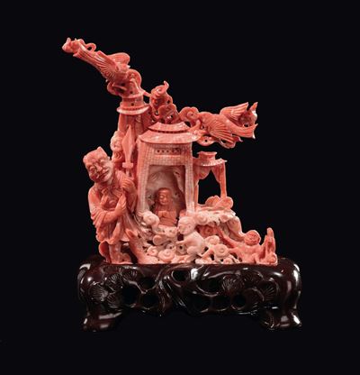 Scultura in Corallo Raffigurante Tempio con Figura Votiva e Guardiano con Lancia, Cina, Dinastia ...