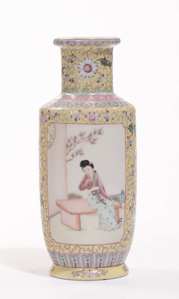 A small porcelain yellow-ground vase with Guanyin within reserves, China, 20th century