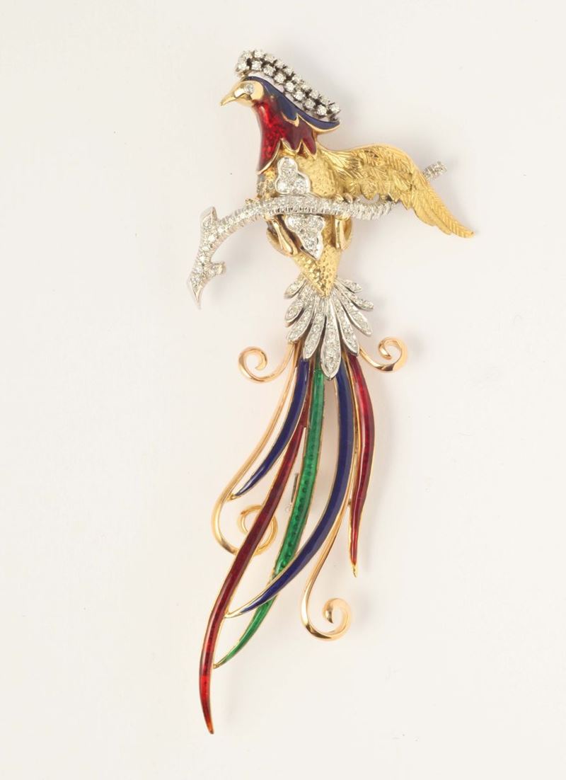 Spilla raffigurante uccello del paradiso con diamanti e smalti policromi  - Asta Fine Jewels - I - Cambi Casa d'Aste