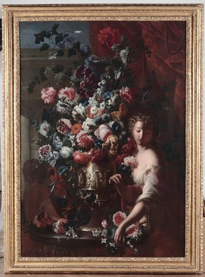Karel Van Vogelaer (maastricht 1653 - Roma 1695)trionfo di Fiori in un Vaso D’argento, una Donna ...