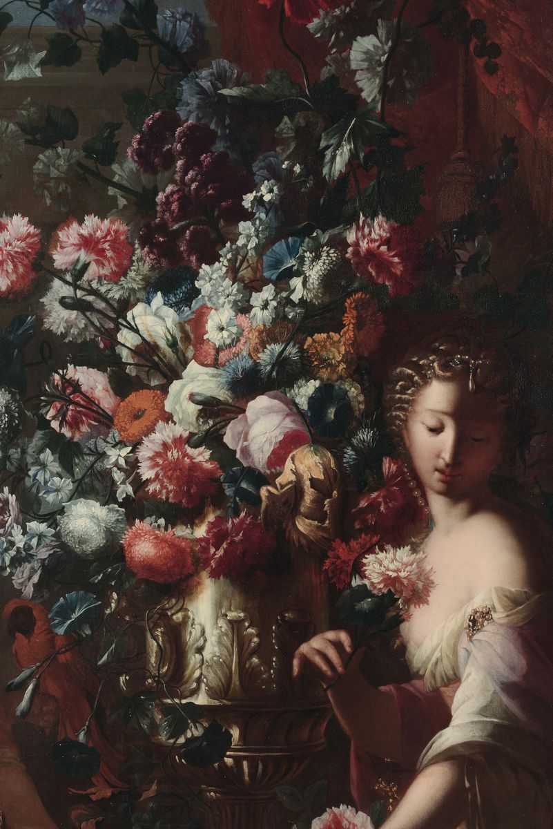 Karel Van Vogelaer (maastricht 1653 - Roma 1695)trionfo di Fiori in un Vaso D’argento, una Donna ...