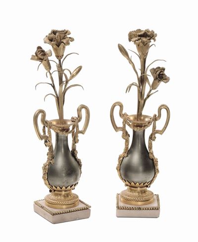 Coppia di Candelieri in Metallo e Bronzo Dorato, XIX Secolo