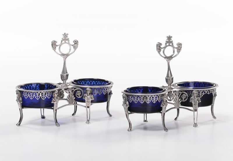 Coppia di doppie saliere in argento e vetro  - Asta Antiquariato, Affidamenti da raffinate dimore private - Cambi Casa d'Aste