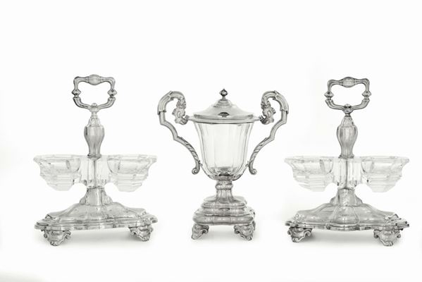 Mostardiera e coppia di saliere in argento e vetro molato, monogramma inciso IR e data 1857, Argentiere Debain