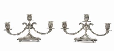 Coppia di Candelabri a Tre Luci in Argento, XX Secolo