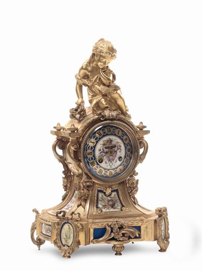 Orologio in Bronzo Dorato e Porcellana Policroma, XIX Secolo