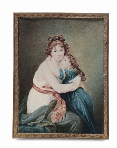 Miniatura su Avorio Raffigurante Madre con Figlia, Firmata Tollid, Francia XIX Secolo