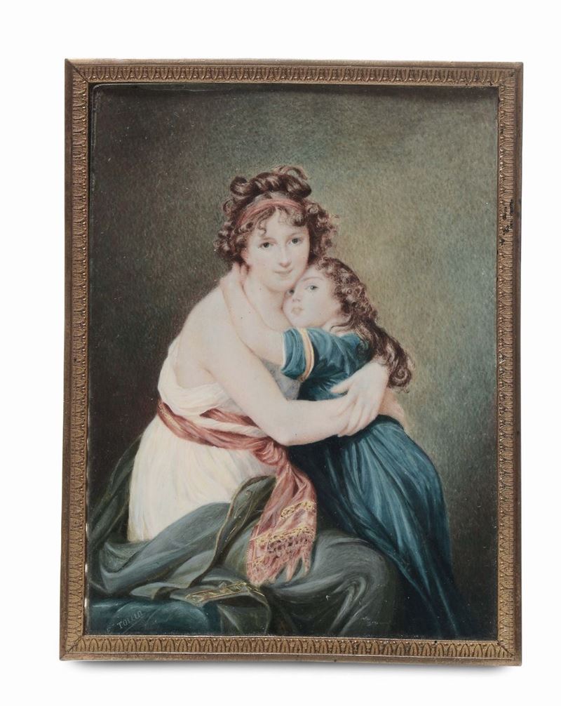 Miniatura su avorio raffigurante madre con figlia, firmata Tollid, Francia XIX secolo  - Auction Italian and European Silver Collection  - II - Cambi Casa d'Aste