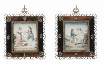 Coppia di Miniature Raffiguranti Scene Galanti Entro Cornice in Tartaruga