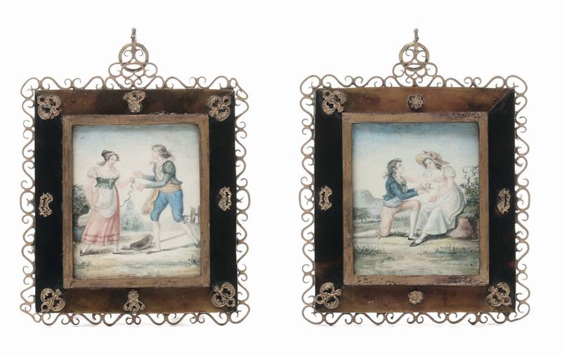 Coppia di miniature raffiguranti scene galanti entro cornice in tartaruga  - Auction Italian and European Silver Collection  - II - Cambi Casa d'Aste
