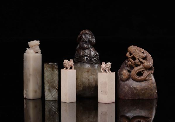 Lot of six different seals, two ivory and four soapstone, with fantastic animals, China, early 20th century