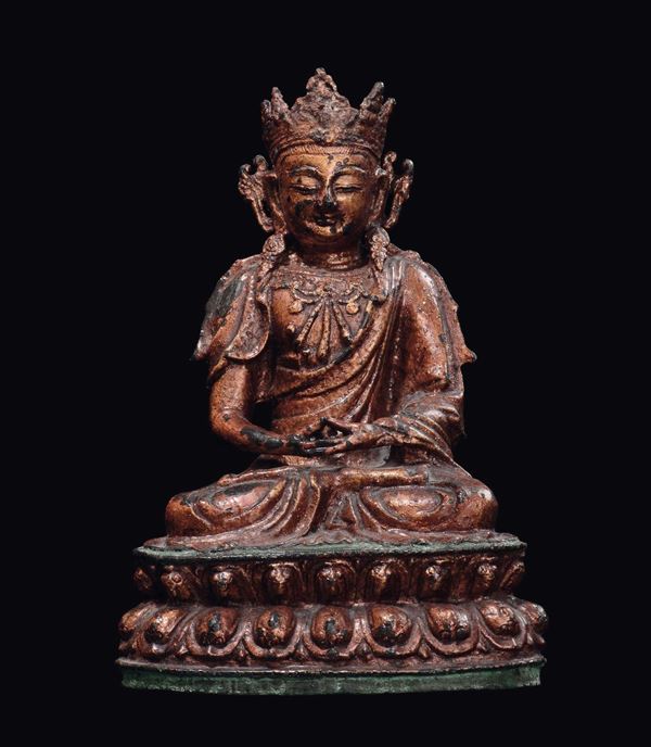 A copper figure of Amitayus seated on a double lotus base, China, Qing Dynasty, 19th century