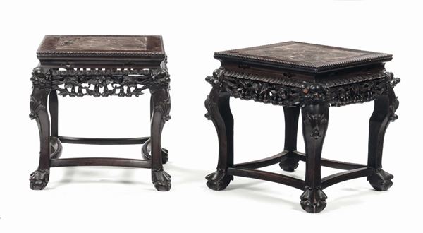 A pair of square wooden lifts with marble plane, China, Qing Dynasty, 19th century