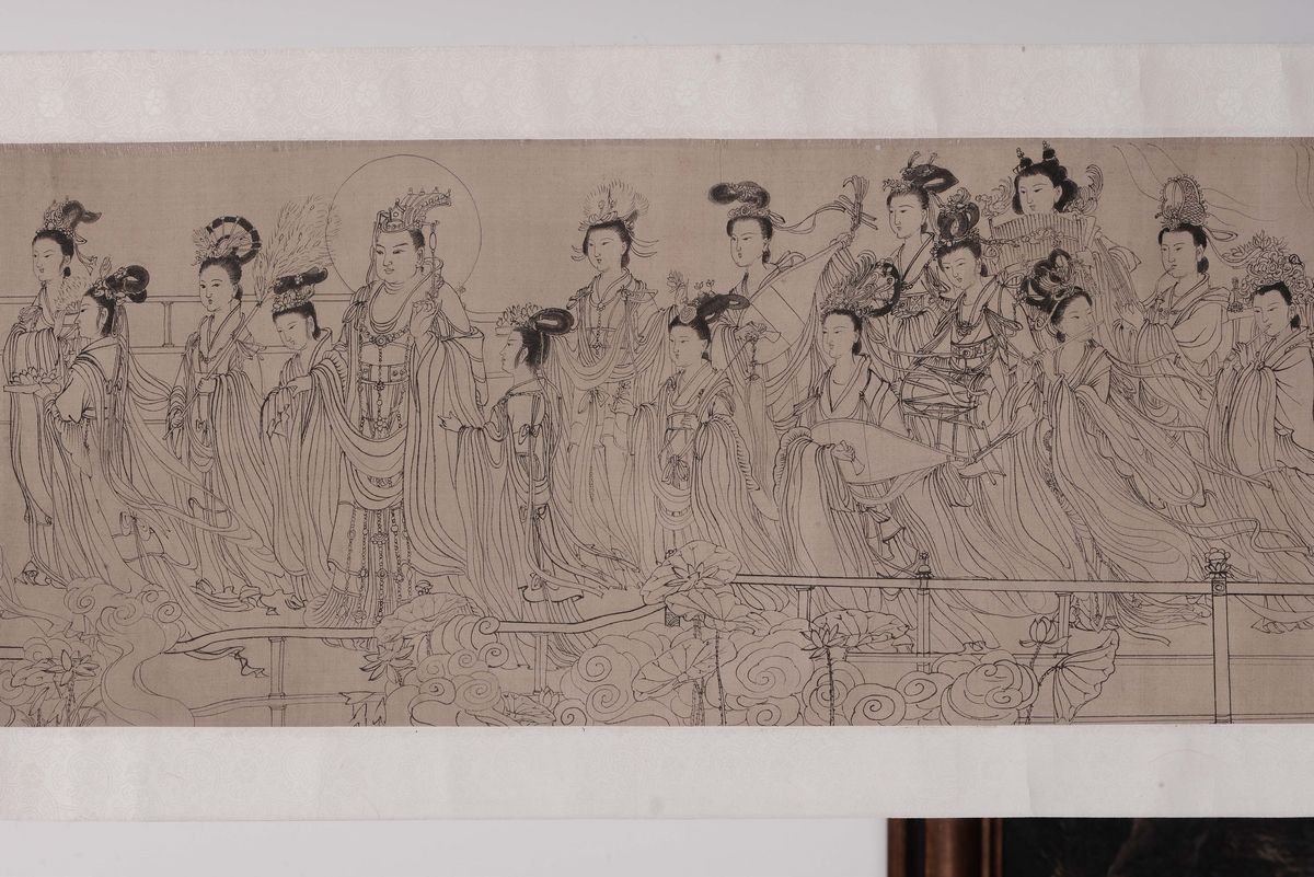Dipinto su Carta Raffigurante Scena di Vita di Corte e Iscrizioni, Cina, Dinastia Qing, XIX Secol...