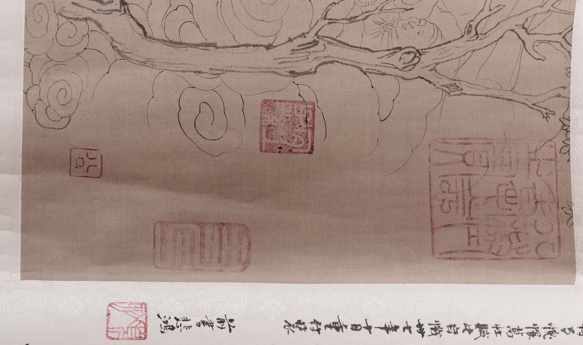 Dipinto su Carta Raffigurante Scena di Vita di Corte e Iscrizioni, Cina, Dinastia Qing, XIX Secol...