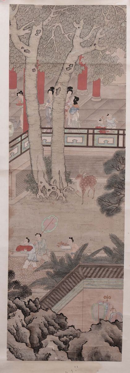 Due dipinti su carta, uno con iscrizioni e fanciulli che giocano e uno con scena di vita di corte con Guanyin, fanciulli e cervo, Cina XX secolo