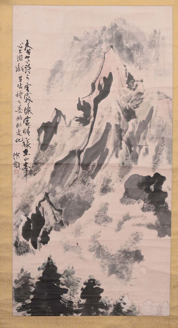 Dipinto su carta raffigurante paesaggio montano con iscrizioni, Cina, inizio XX secolo
