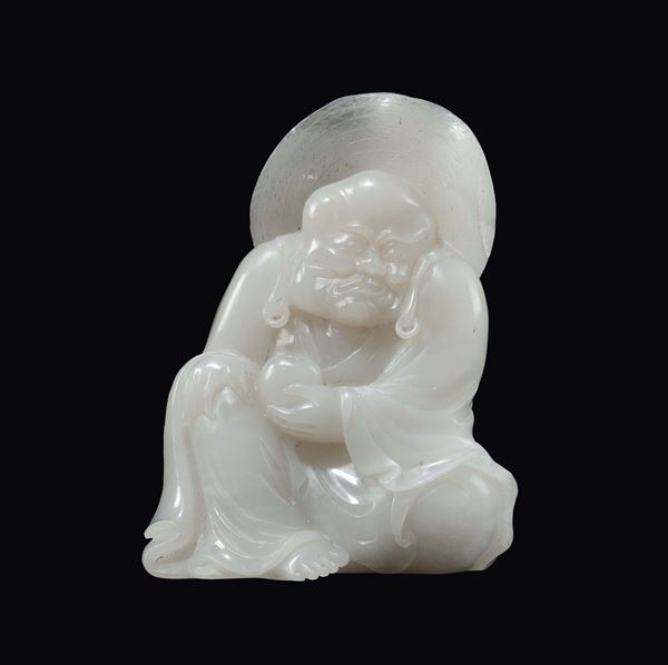 Figura di saggio scolpita in giada bianca, Cina, Dinastia Qing, fine XIX secolo