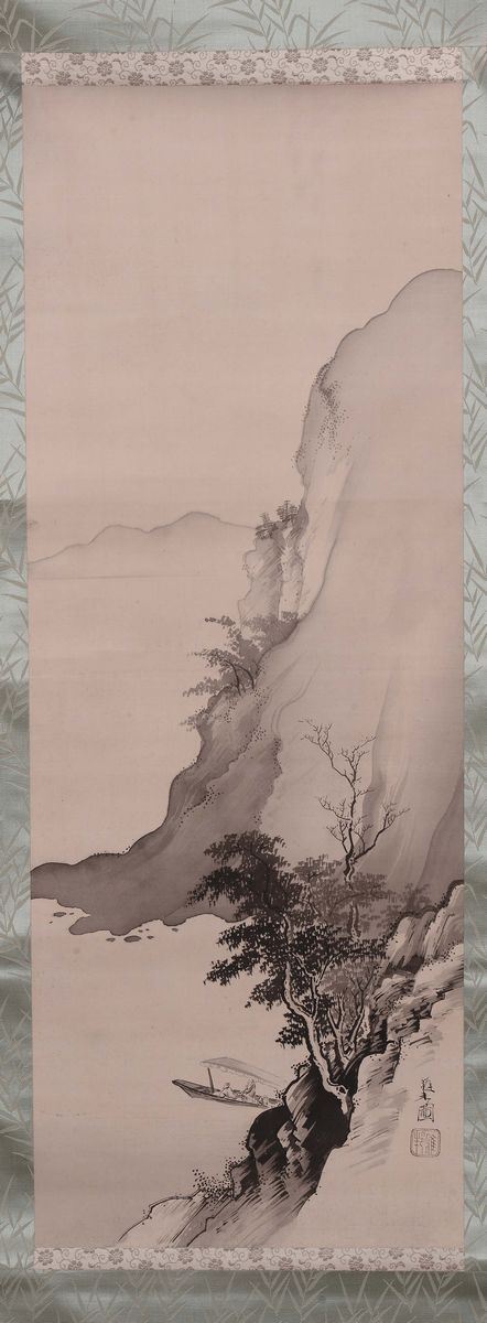 Dipinto su carta raffigurante paesaggio fluviale con barca e iscrizione, Cina, XX secolo