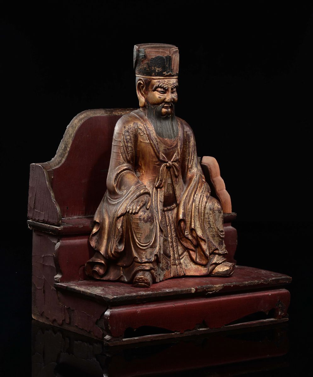 Figura di dignitario seduto su trono in legno laccato, Cina, Dinastia Ming, XVII secolo