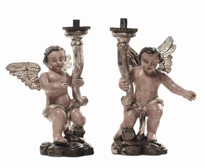Coppia di Angeli Reggicero in Legno Intagliato e Dorato, XVIII Secolo