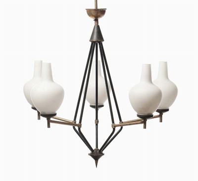 Lampadario con Struttura in Metallo Verniciato e Vetro Opalino, Italia 1950 Circa
