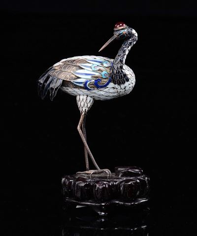 Piccola Gru in Argento Smaltato, Cina, XX Secolo