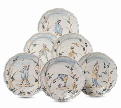Sei Piatti in Maiolica Policroma, Jacques Boselly, Savona XIX Secolo