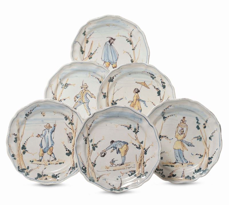 Sei piatti in maiolica policroma, Jacques Boselly, Savona XIX secolo  - Asta Antiquariato, Affidamenti da raffinate dimore private - Cambi Casa d'Aste