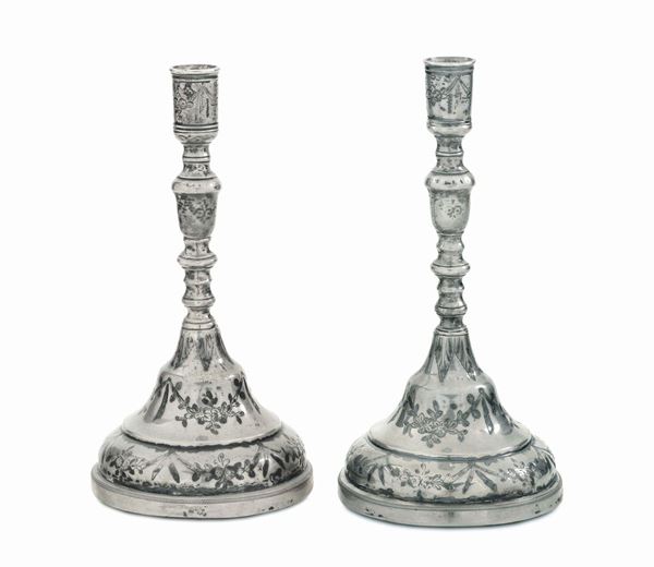 Coppia di candelieri in argento, arte ottomana (Turchia?) del XIX secolo