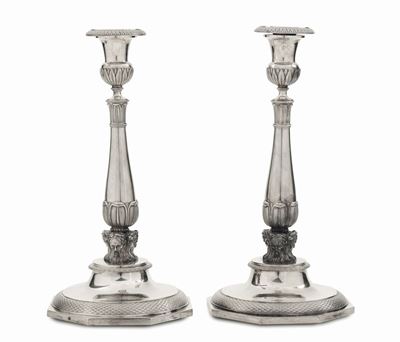Coppia di Candelieri in Argento, Bolli per Parigi di Primo Titolo in Uso dal 1809 al 1819