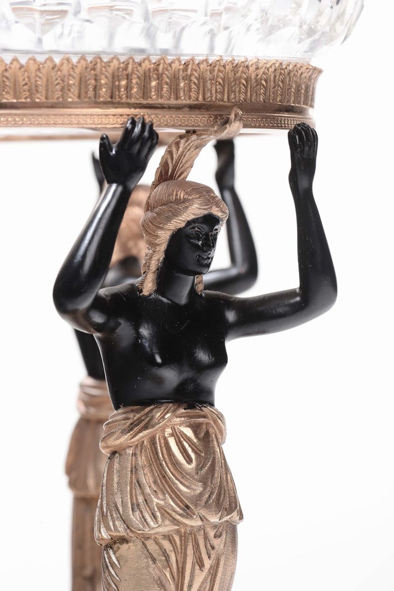 Centrotavola in Bronzo Dorato, Brunito e Cristallo, XIX Secolo