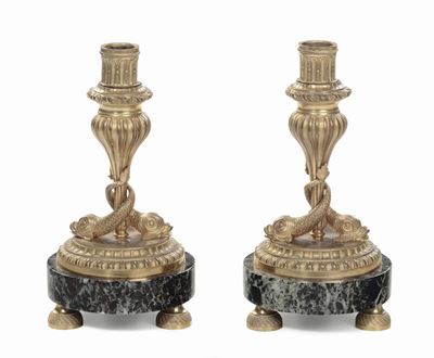 Coppia di Candelieri in Bronzo Dorato con Tritoni, XIX Secolo