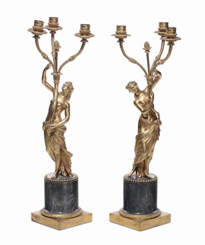 Coppia di Candelabri a Tre Luci in Bronzo Dorato, XVIII-XIX Secolo