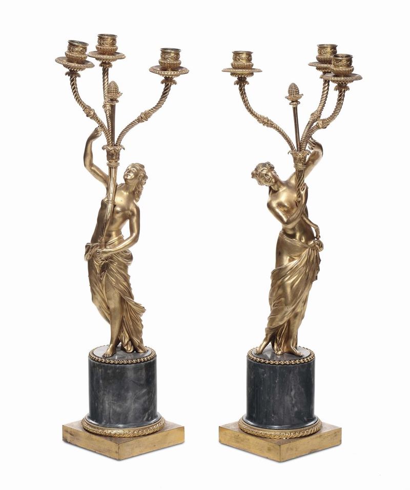 Coppia di candelabri a tre luci in bronzo dorato, XVIII-XIX secolo  - Auction Fine Arts from refined private house - Cambi Casa d'Aste