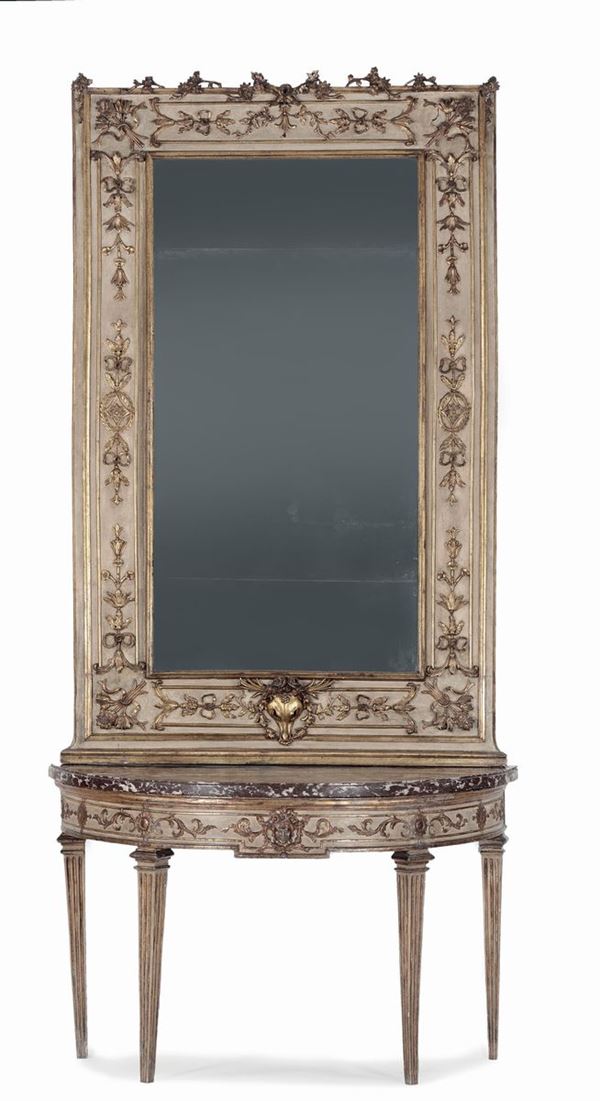 Console demi lune con specchiera in legno intagliato, laccato e dorato, XVIII secolo