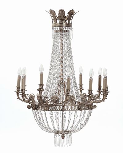 Lampadario a Mongolfiera in Bronzo e Cristalli in Stile Impero, XIX-XX Secolo