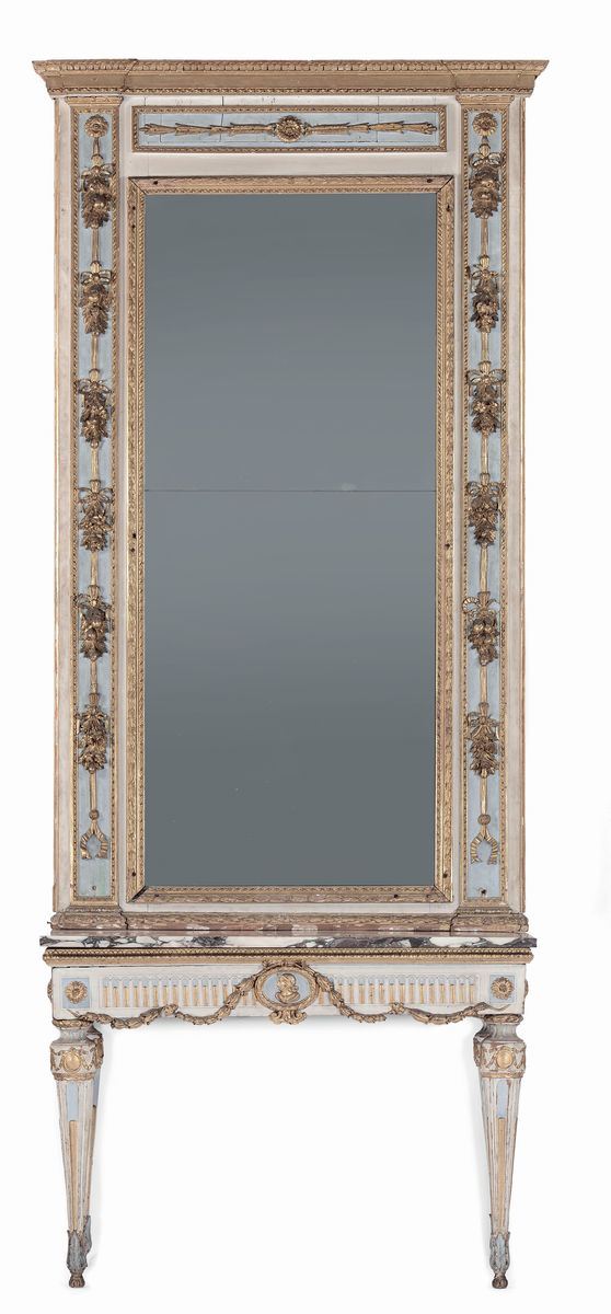 Console Luigi XVI con specchiera in legno intagliato, laccato e dorato, XVIII secolo  - Auction Fine Arts from refined private house - Cambi Casa d'Aste