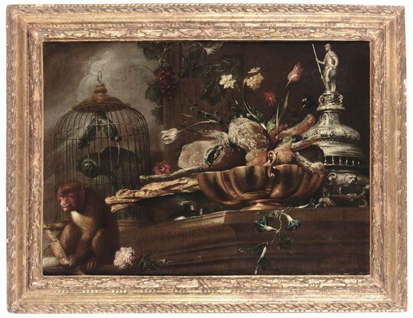 Antonio Maria Vassallo (Genova 1620 - 1674 ca) Natura Morta con scimmia