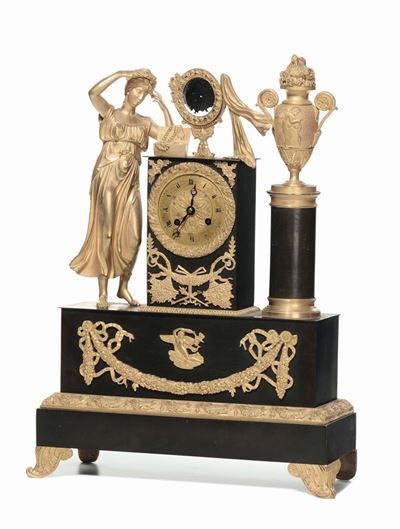 Pendola da Tavolo in Bronzo Dorato e Brunito, Francia XIX Secolo
