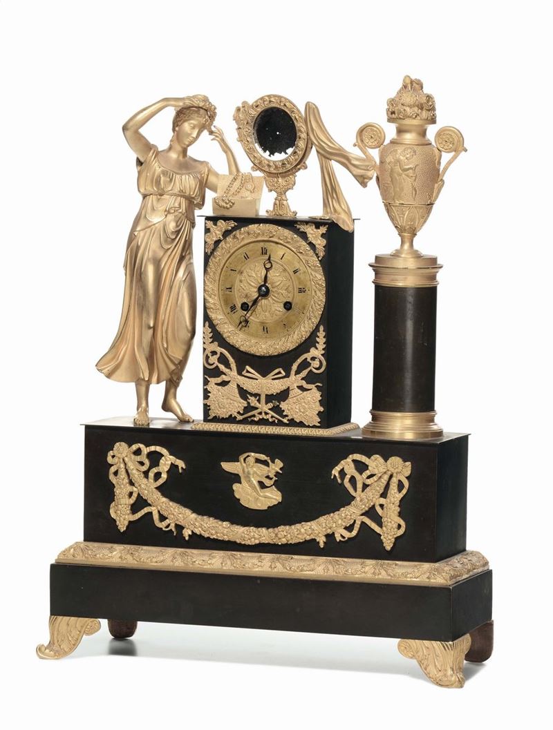 Pendola da tavolo in bronzo dorato e brunito, Francia XIX secolo  - Auction Fine Art Selection - II - Cambi Casa d'Aste
