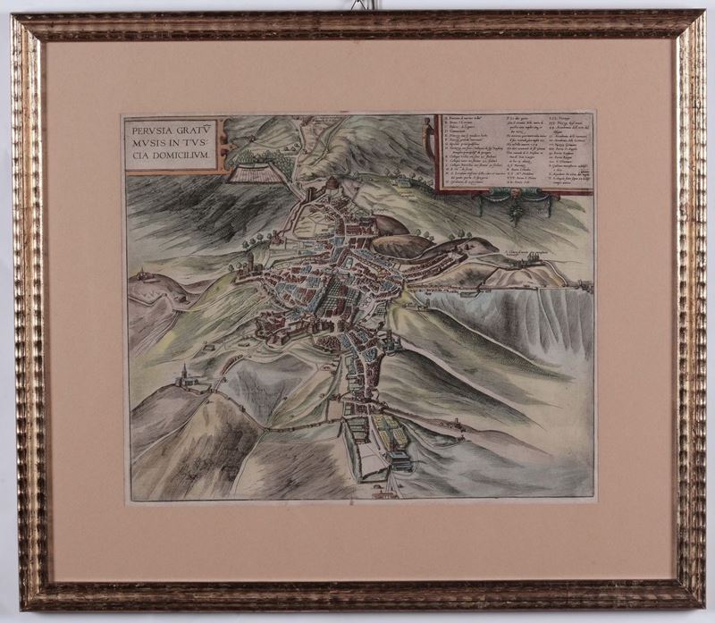 Incisione raffigurante la città di Perugia, XVI-XVII secolo  - Asta Antiquariato, Affidamenti da raffinate dimore private - Cambi Casa d'Aste