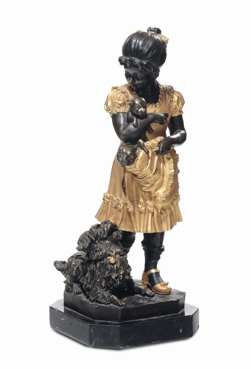 Scultura in bronzo dorato e brunito raffigurante bimba con cagnolini, XIX secolo  - Auction Fine Arts from refined private house - Cambi Casa d'Aste